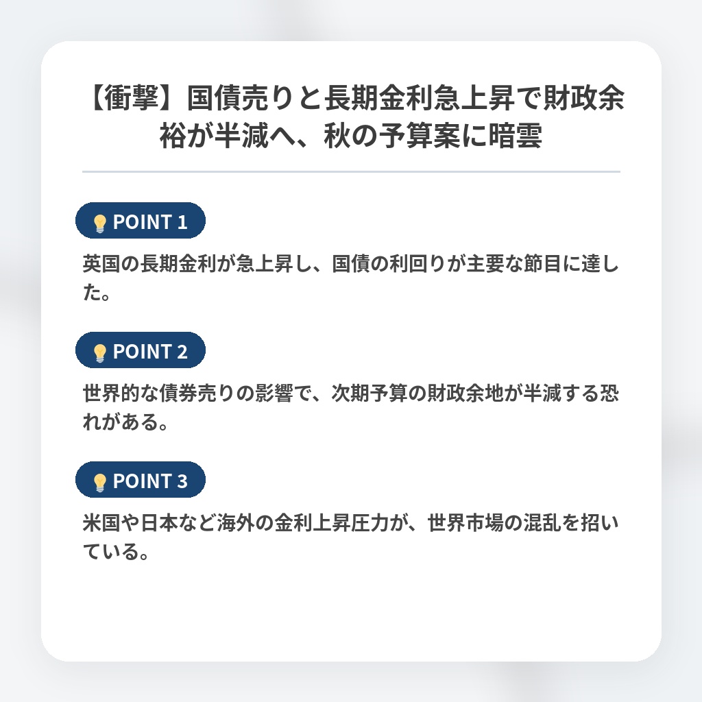 【衝撃】国債売りと長期金利急上昇で財政余裕が半減へ、秋の予算案に暗雲の注目ポイントまとめ