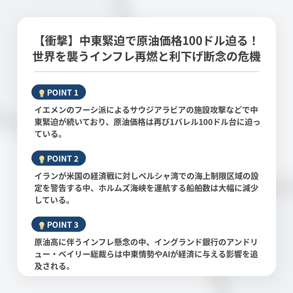 【衝撃】中東緊迫で原油価格100ドル迫る！世界を襲うインフレ再燃と利下げ断念の危機の注目ポイントまとめ