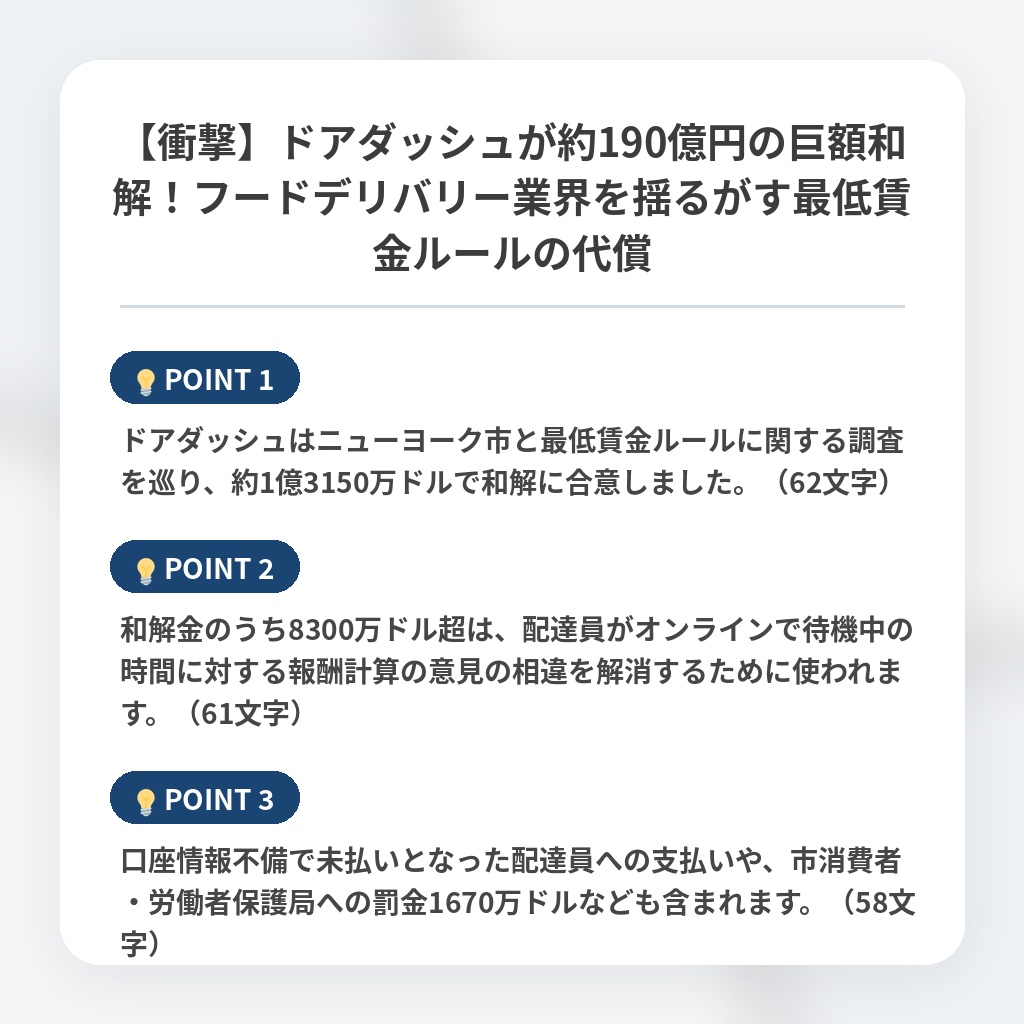 【衝撃】ドアダッシュが約190億円の巨額和解!フードデリバリー業界を揺るがす最低賃金ルールの代償の注目ポイントまとめ