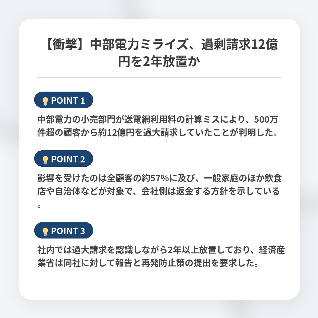 【衝撃】中部電力ミライズ、過剰請求12億円を2年放置かの注目ポイントまとめ