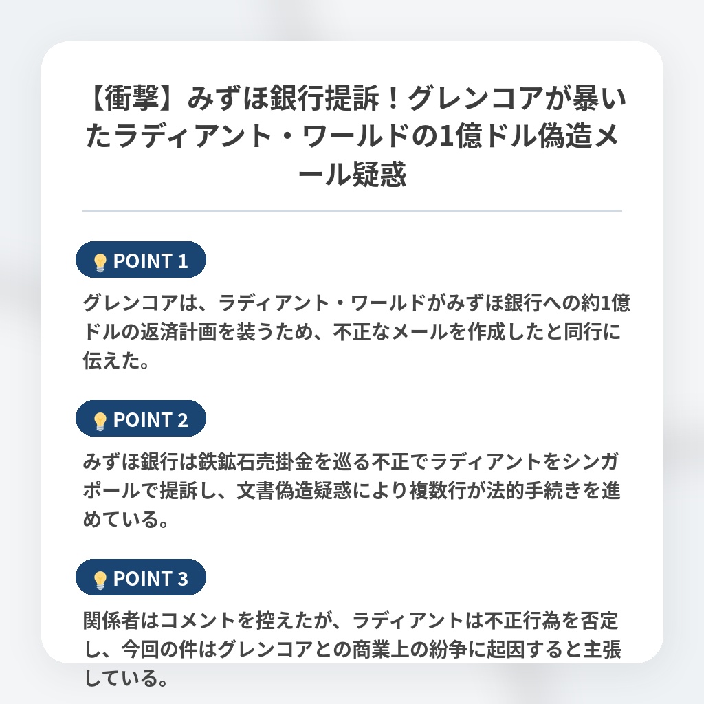 【衝撃】みずほ銀行提訴！グレンコアが暴いたラディアント・ワールドの1億ドル偽造メール疑惑の注目ポイントまとめ