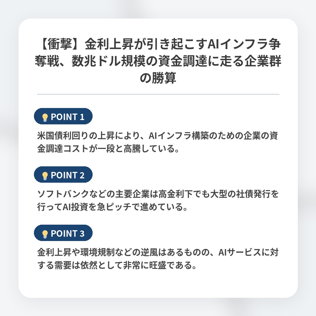 【衝撃】金利上昇が引き起こすAIインフラ争奪戦、数兆ドル規模の資金調達に走る企業群の勝算の注目ポイントまとめ