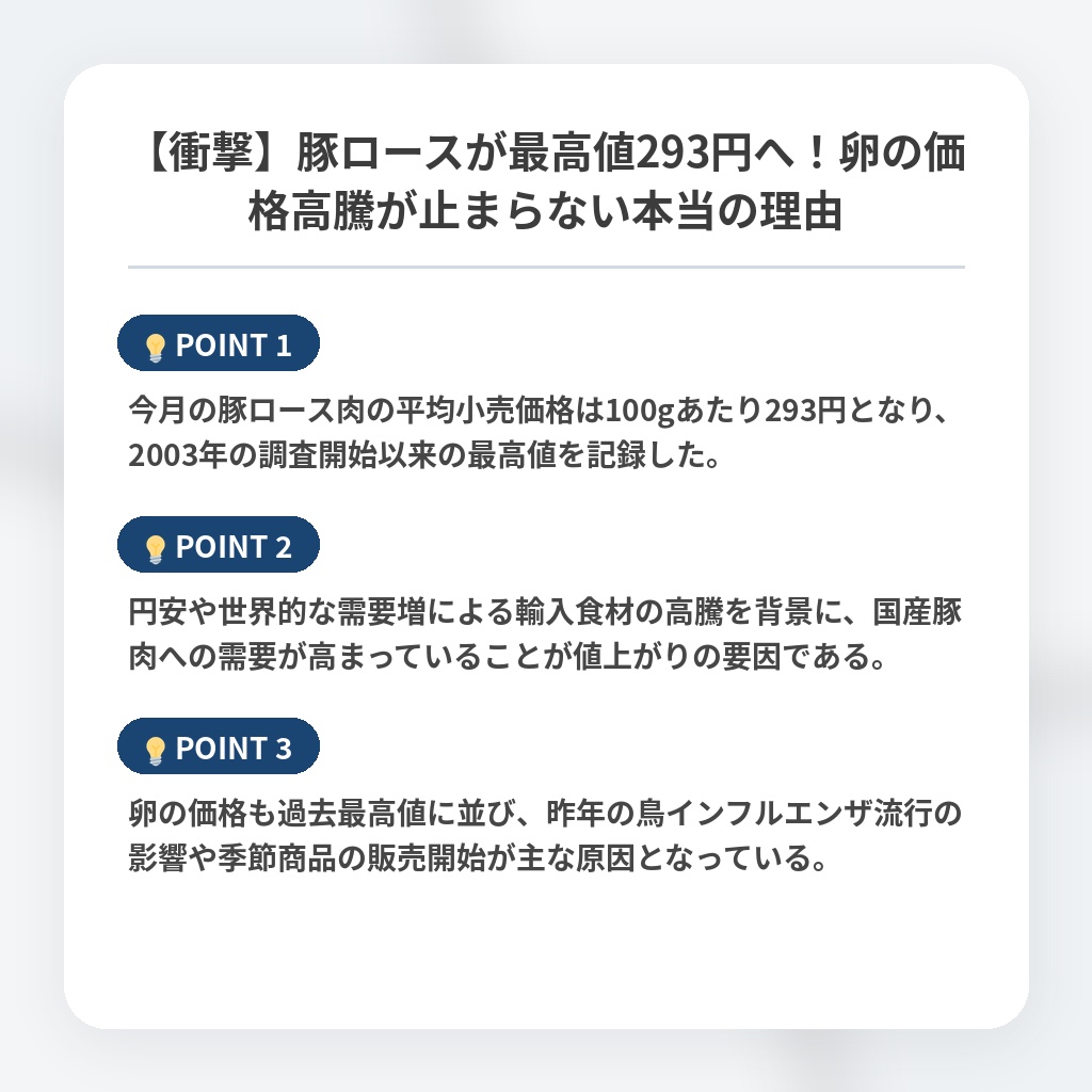 【衝撃】豚ロースが最高値293円へ！卵の価格高騰が止まらない本当の理由の注目ポイントまとめ