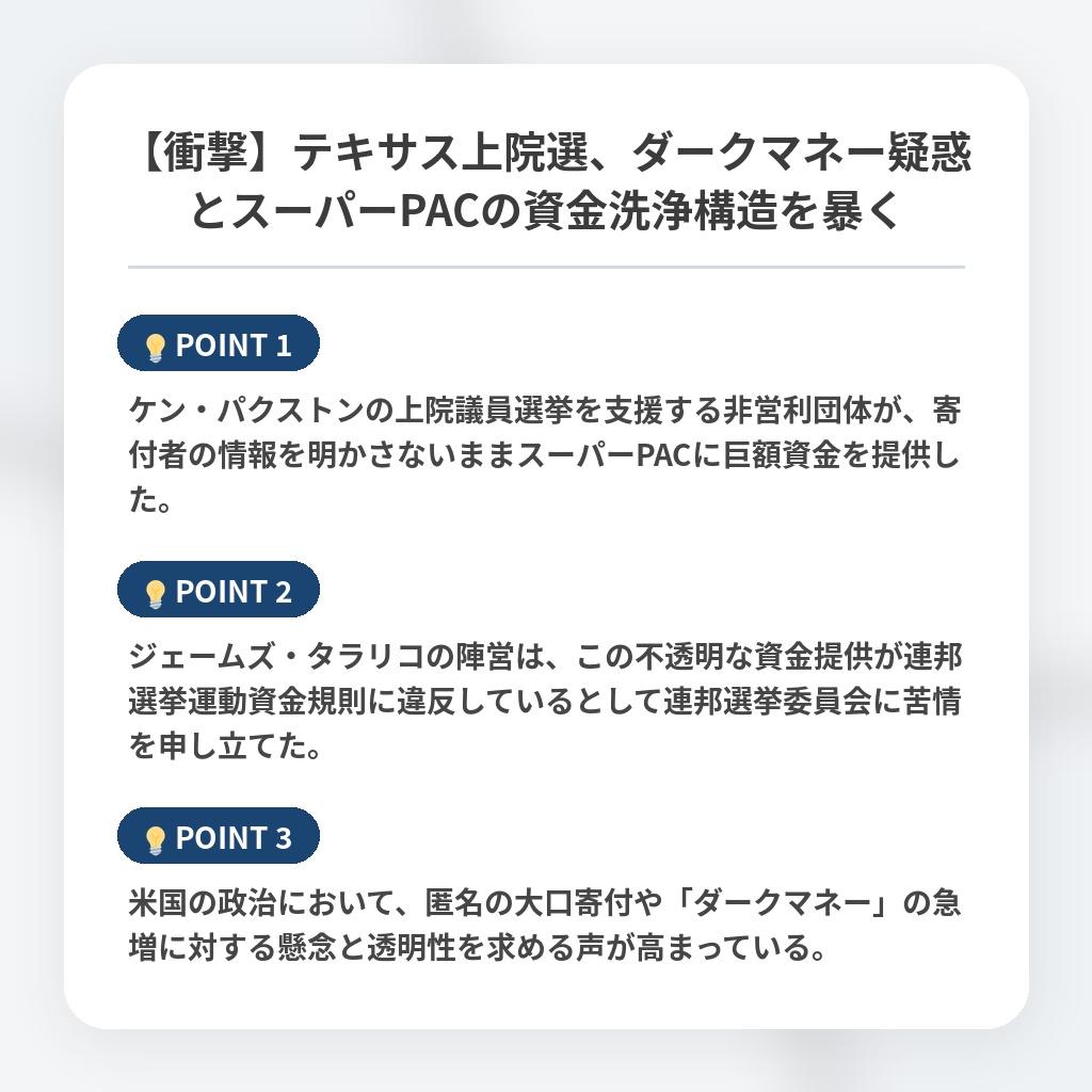 【衝撃】テキサス上院選、ダークマネー疑惑とスーパーPACの資金洗浄構造を暴くの注目ポイントまとめ