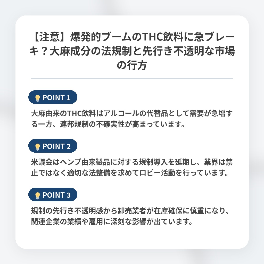 【注意】爆発的ブームのTHC飲料に急ブレーキ？大麻成分の法規制と先行き不透明な市場の行方の注目ポイントまとめ