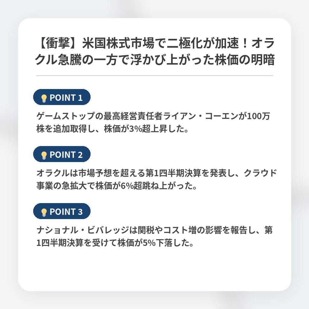 【衝撃】米国株式市場で二極化が加速！オラクル急騰の一方で浮かび上がった株価の明暗の注目ポイントまとめ