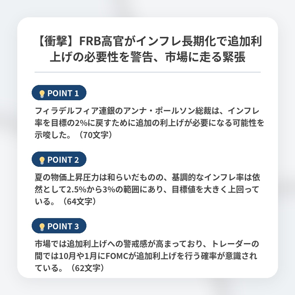 【衝撃】FRB高官がインフレ長期化で追加利上げの必要性を警告、市場に走る緊張の注目ポイントまとめ