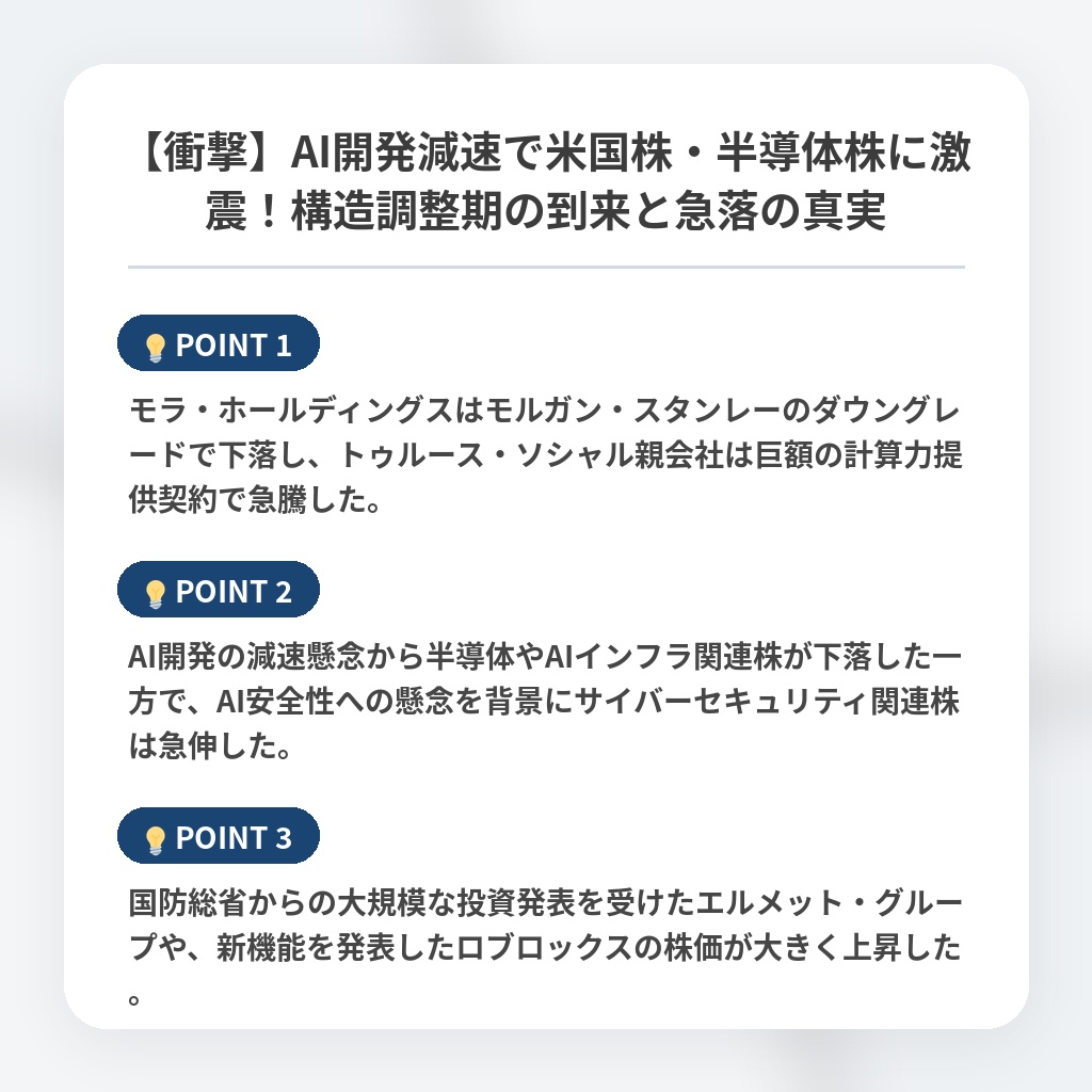 【衝撃】AI開発減速で米国株・半導体株に激震！構造調整期の到来と急落の真実の注目ポイントまとめ