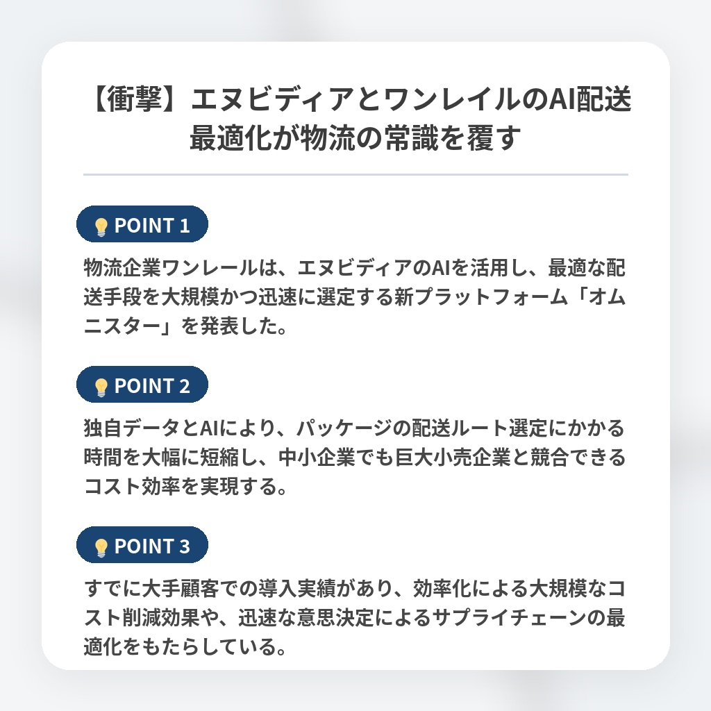 【衝撃】エヌビディアとワンレイルのAI配送最適化が物流の常識を覆すの注目ポイントまとめ
