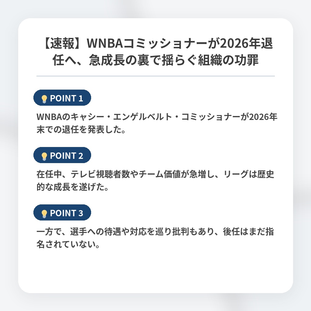 【速報】WNBAコミッショナーが2026年退任へ、急成長の裏で揺らぐ組織の功罪の注目ポイントまとめ