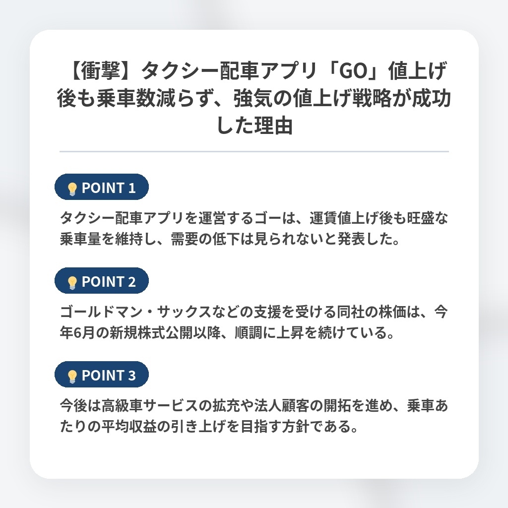 【衝撃】タクシー配車アプリ「GO」値上げ後も乗車数減らず、強気の値上げ戦略が成功した理由の注目ポイントまとめ