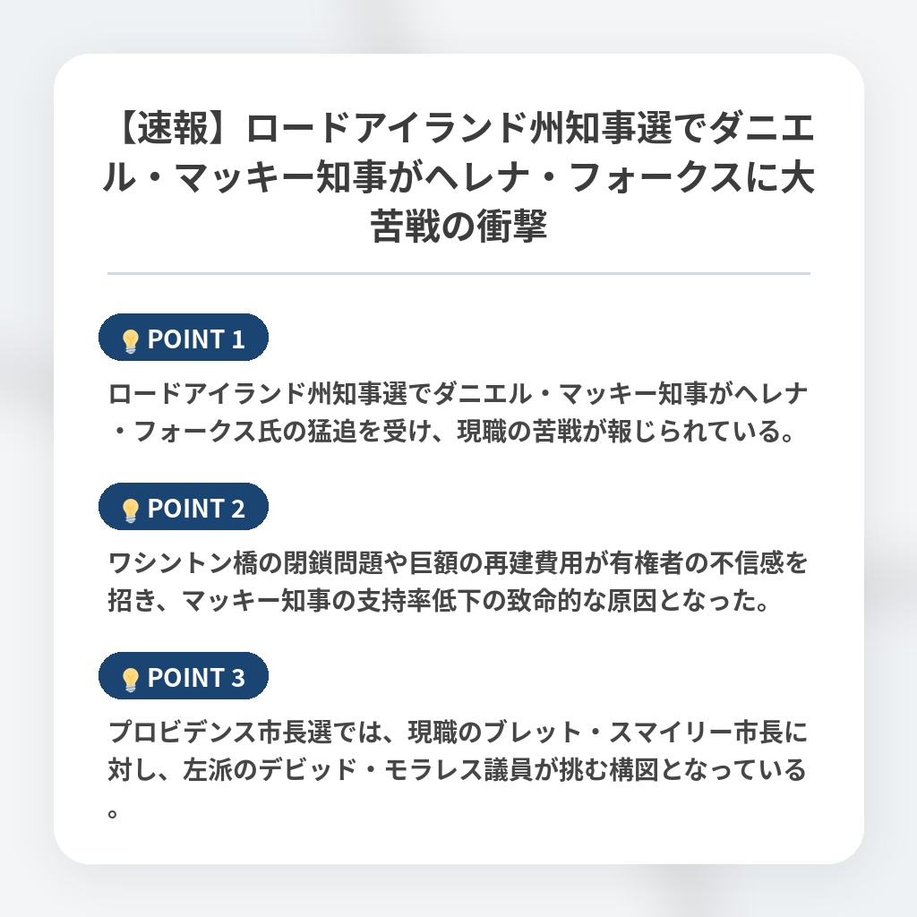 【速報】ロードアイランド州知事選でダニエル・マッキー知事がヘレナ・フォークスに大苦戦の衝撃の注目ポイントまとめ