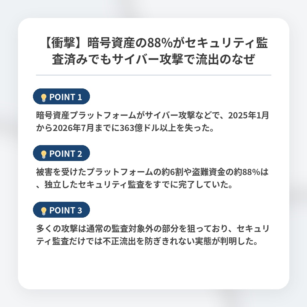 【衝撃】暗号資産の88%がセキュリティ監査済みでもサイバー攻撃で流出のなぜの注目ポイントまとめ