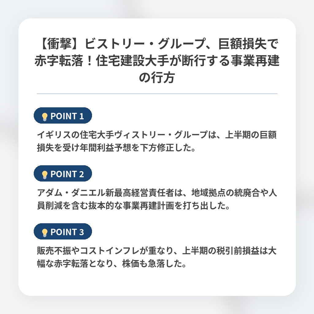 【衝撃】ビストリー・グループ、巨額損失で赤字転落！住宅建設大手が断行する事業再建の行方の注目ポイントまとめ