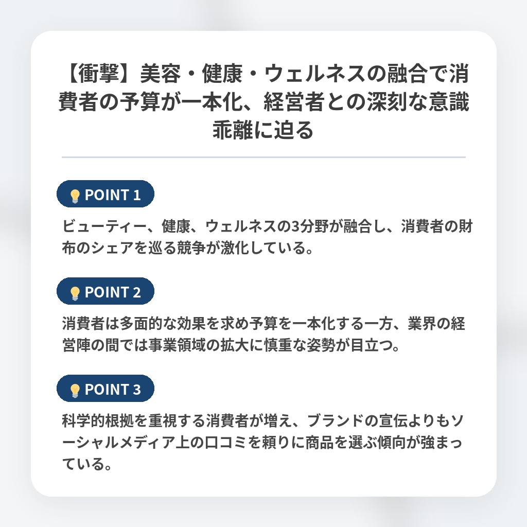 【衝撃】美容・健康・ウェルネスの融合で消費者の予算が一本化、経営者との深刻な意識乖離に迫るの注目ポイントまとめ