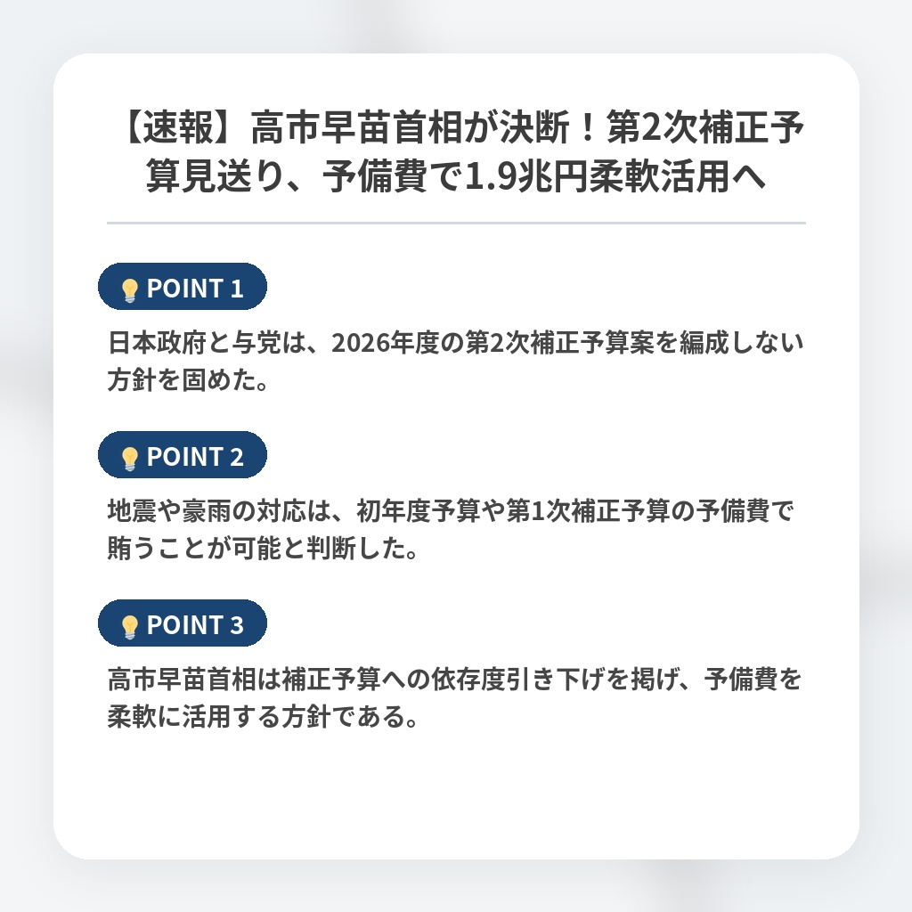 【速報】高市早苗首相が決断！第2次補正予算見送り、予備費で1.9兆円柔軟活用への注目ポイントまとめ
