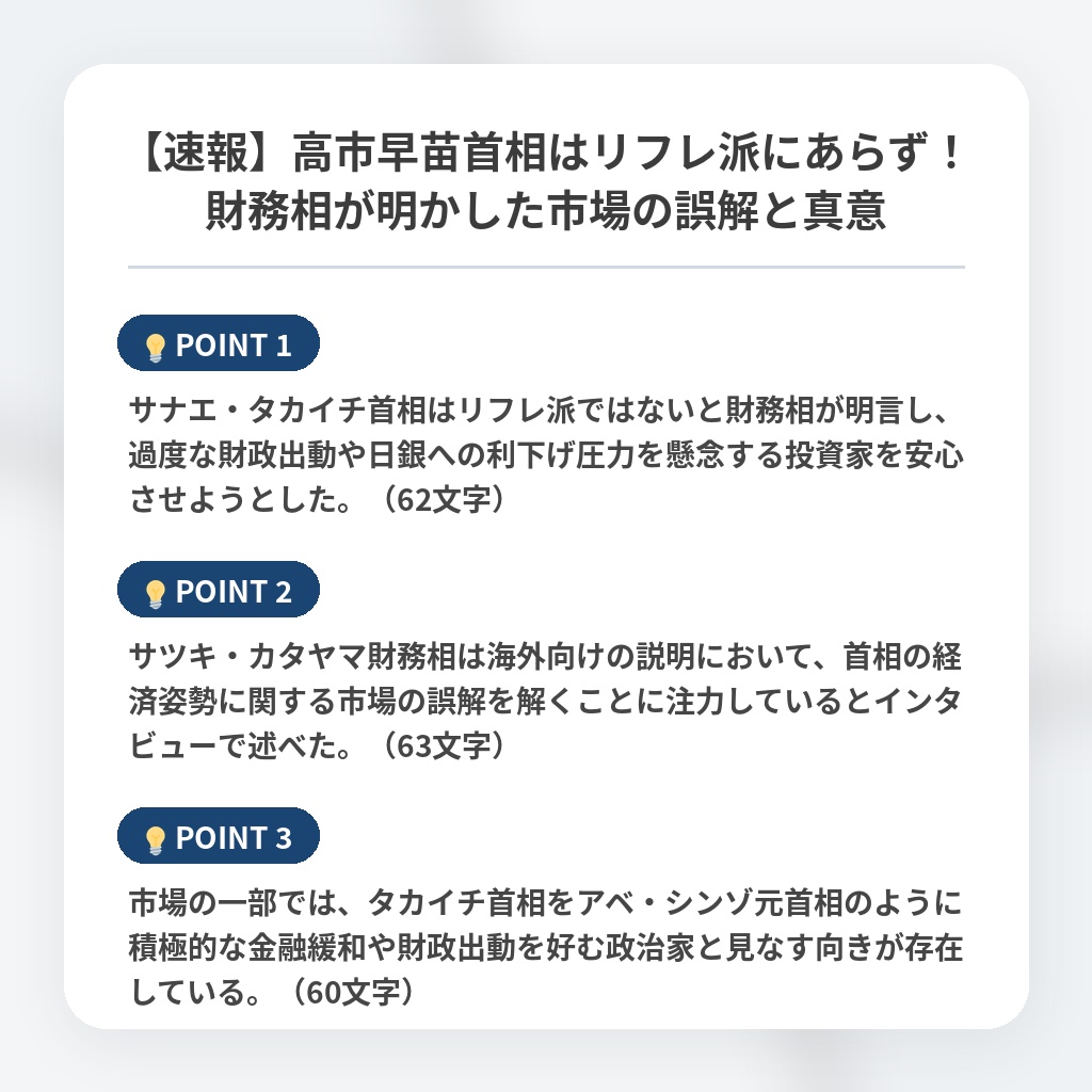 【速報】高市早苗首相はリフレ派にあらず！財務相が明かした市場の誤解と真意の注目ポイントまとめ