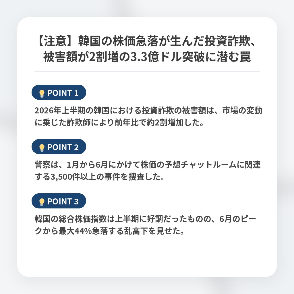 【注意】韓国の株価急落が生んだ投資詐欺、被害額が2割増の3.3億ドル突破に潜む罠の注目ポイントまとめ