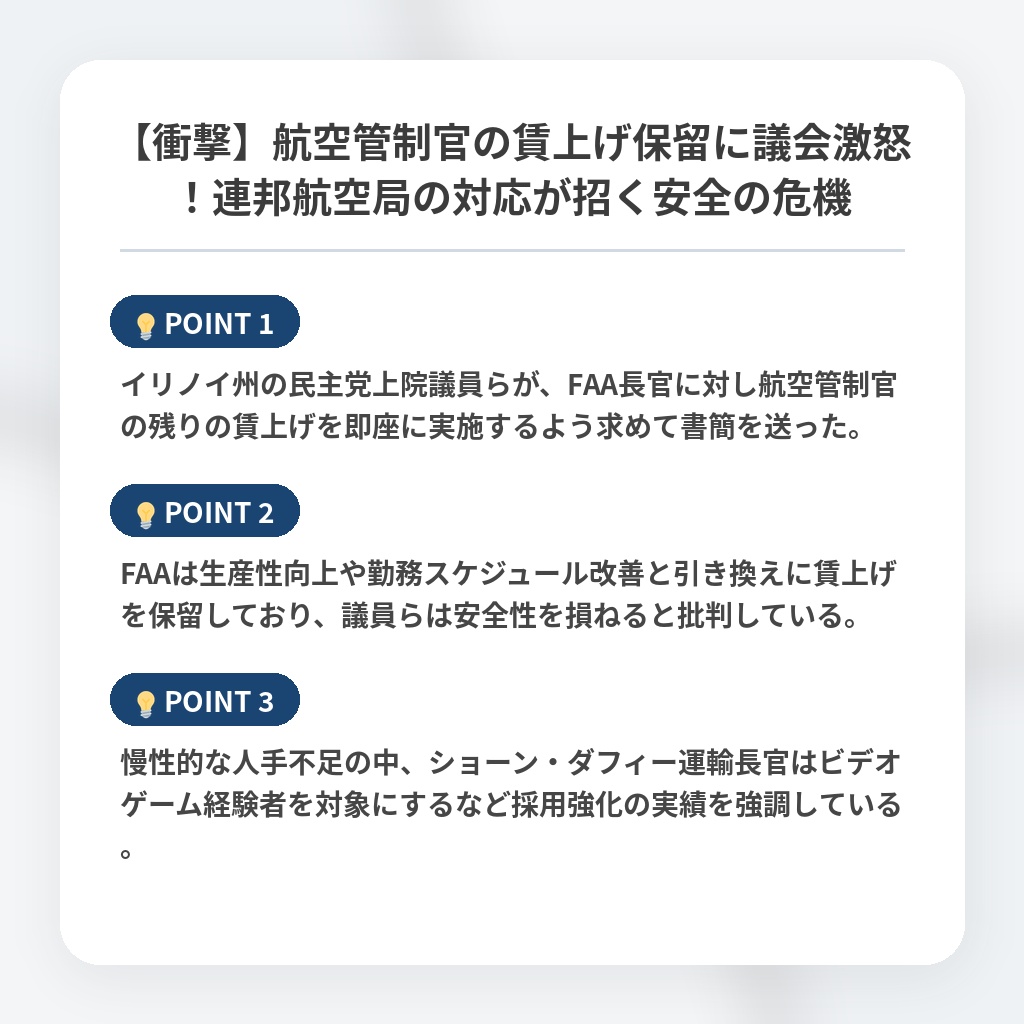 【衝撃】航空管制官の賃上げ保留に議会激怒！連邦航空局の対応が招く安全の危機の注目ポイントまとめ