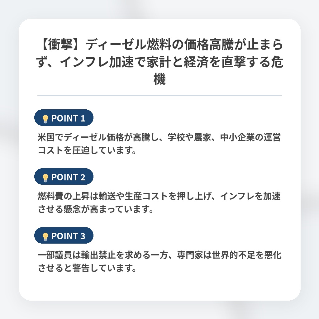 【衝撃】ディーゼル燃料の価格高騰が止まらず、インフレ加速で家計と経済を直撃する危機の注目ポイントまとめ