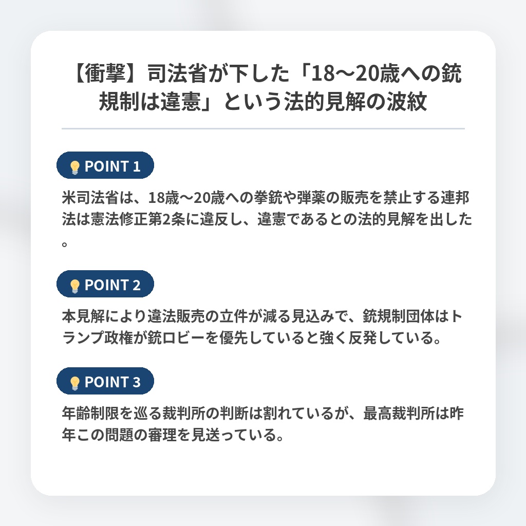 【衝撃】司法省が下した「18〜20歳への銃規制は違憲」という法的見解の波紋の注目ポイントまとめ