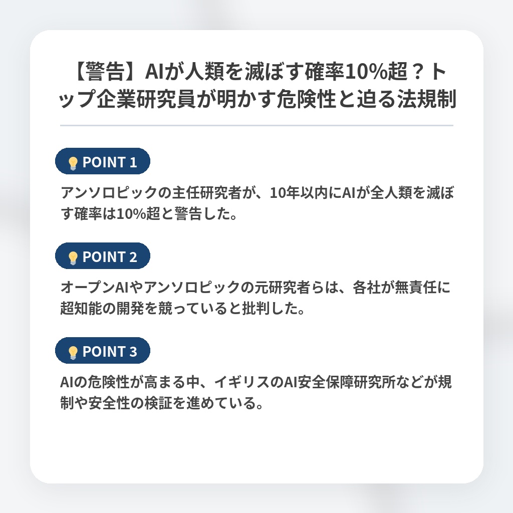 【警告】AIが人類を滅ぼす確率10%超？トップ企業研究員が明かす危険性と迫る法規制の注目ポイントまとめ