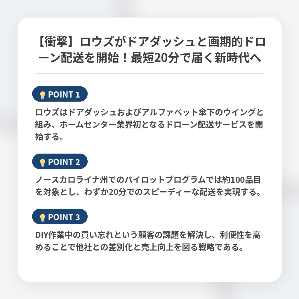 【衝撃】ロウズがドアダッシュと画期的ドローン配送を開始！最短20分で届く新時代への注目ポイントまとめ