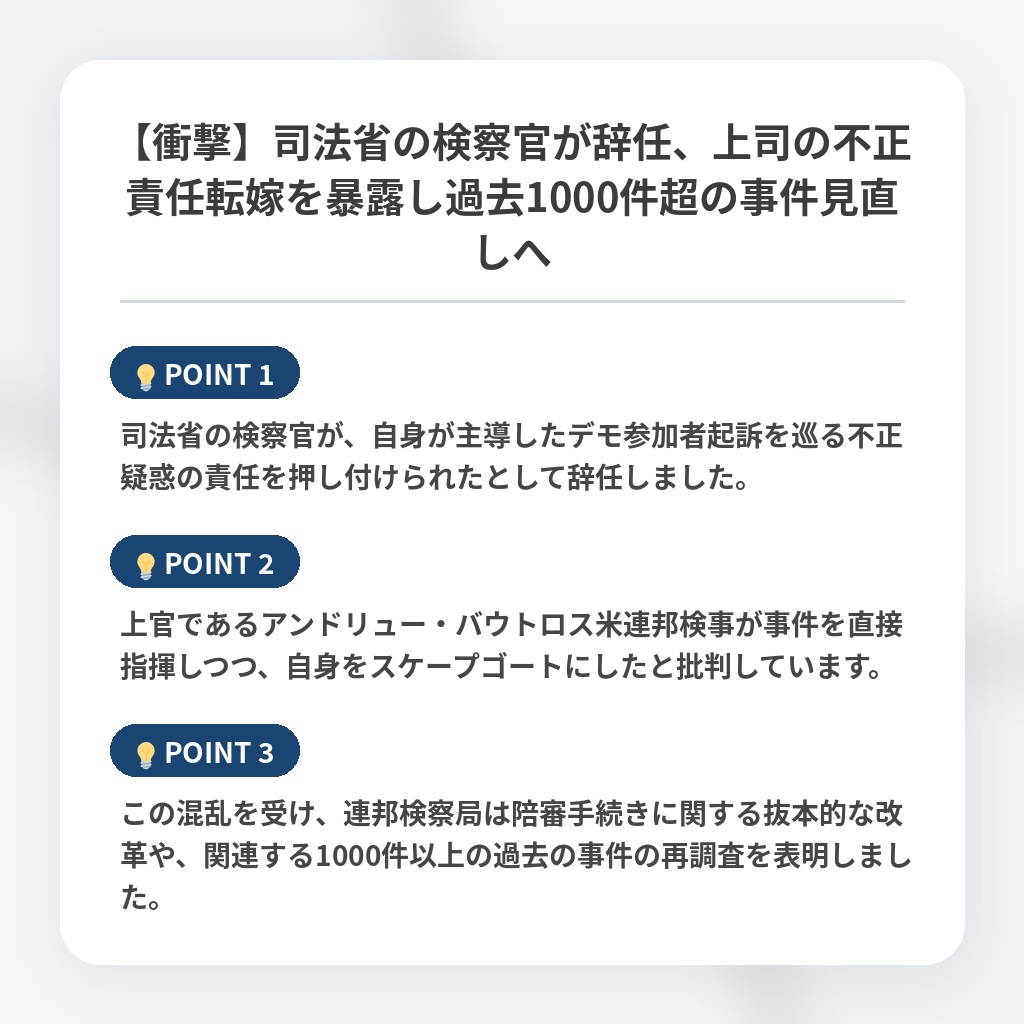 【衝撃】司法省の検察官が辞任、上司の不正責任転嫁を暴露し過去1000件超の事件見直しへの注目ポイントまとめ