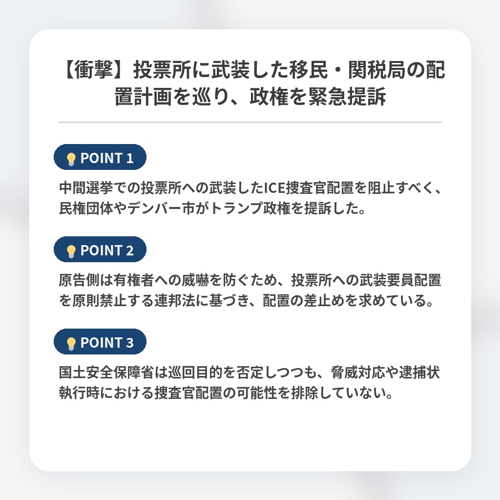 【衝撃】投票所に武装した移民・関税局の配置計画を巡り、政権を緊急提訴の注目ポイントまとめ