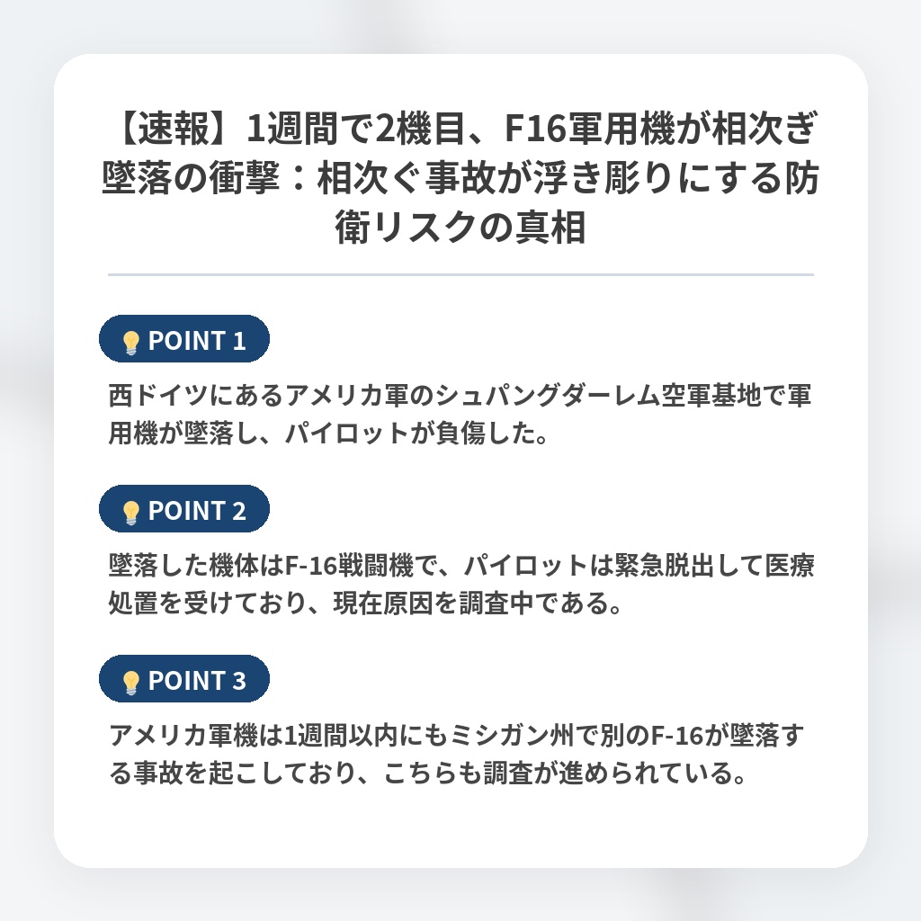 【速報】1週間で2機目、F16軍用機が相次ぎ墜落の衝撃：相次ぐ事故が浮き彫りにする防衛リスクの真相の注目ポイントまとめ
