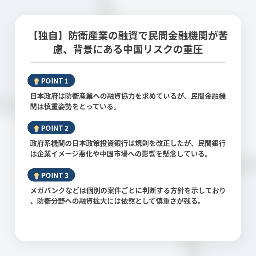 【独自】防衛産業の融資で民間金融機関が苦慮、背景にある中国リスクの重圧の注目ポイントまとめ
