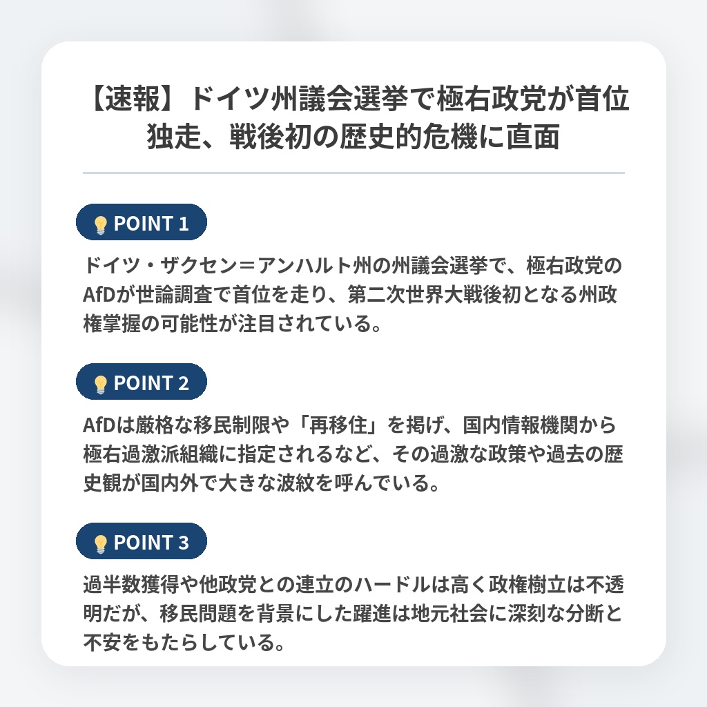 【速報】ドイツ州議会選挙で極右政党が首位独走、戦後初の歴史的危機に直面の注目ポイントまとめ