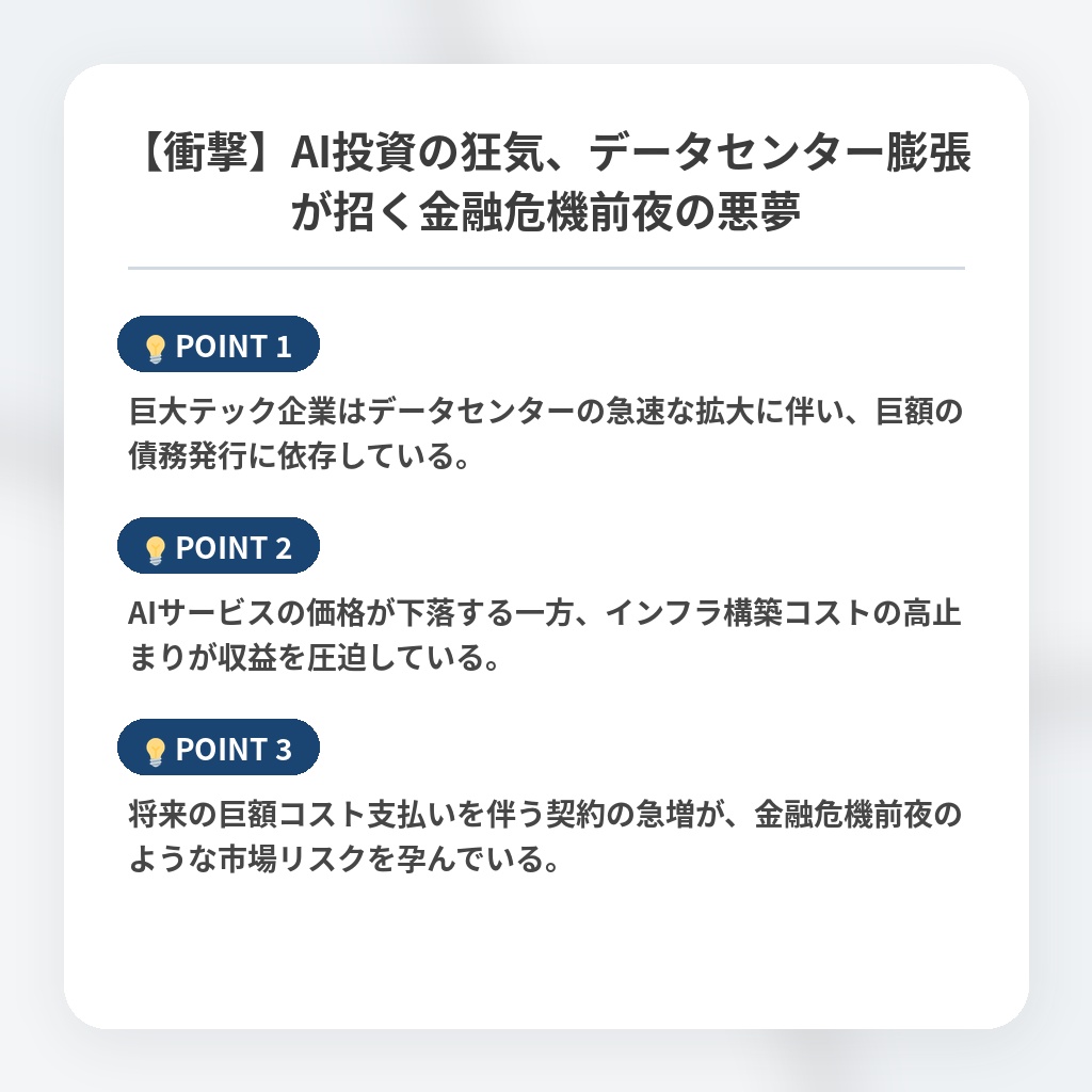 【衝撃】AI投資の狂気、データセンター膨張が招く金融危機前夜の悪夢の注目ポイントまとめ
