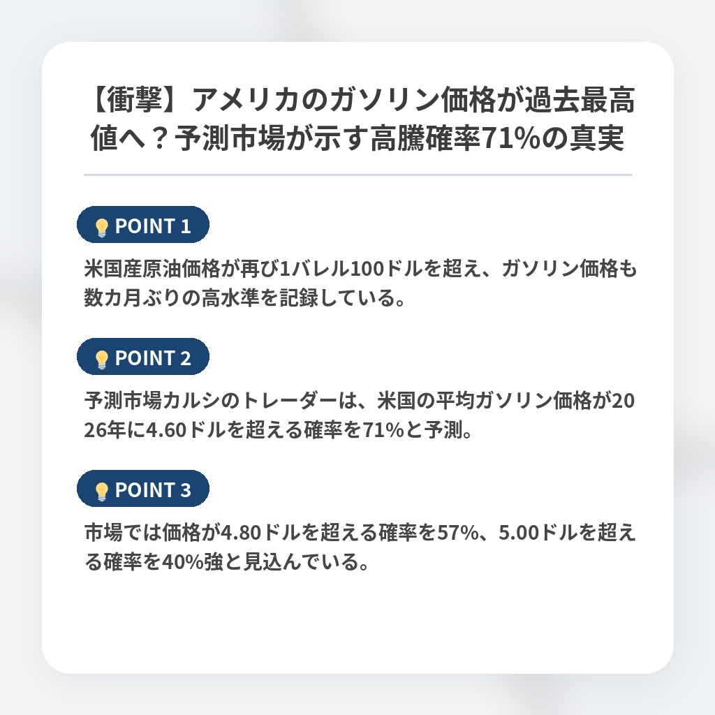 【衝撃】アメリカのガソリン価格が過去最高値へ？予測市場が示す高騰確率71%の真実の注目ポイントまとめ