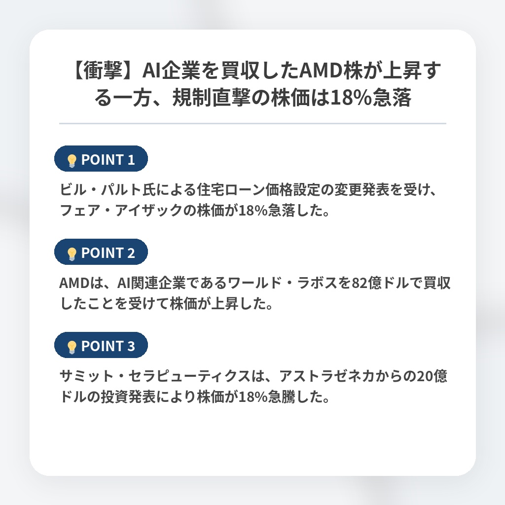 【衝撃】AI企業を買収したAMD株が上昇する一方、規制直撃の株価は18%急落の注目ポイントまとめ