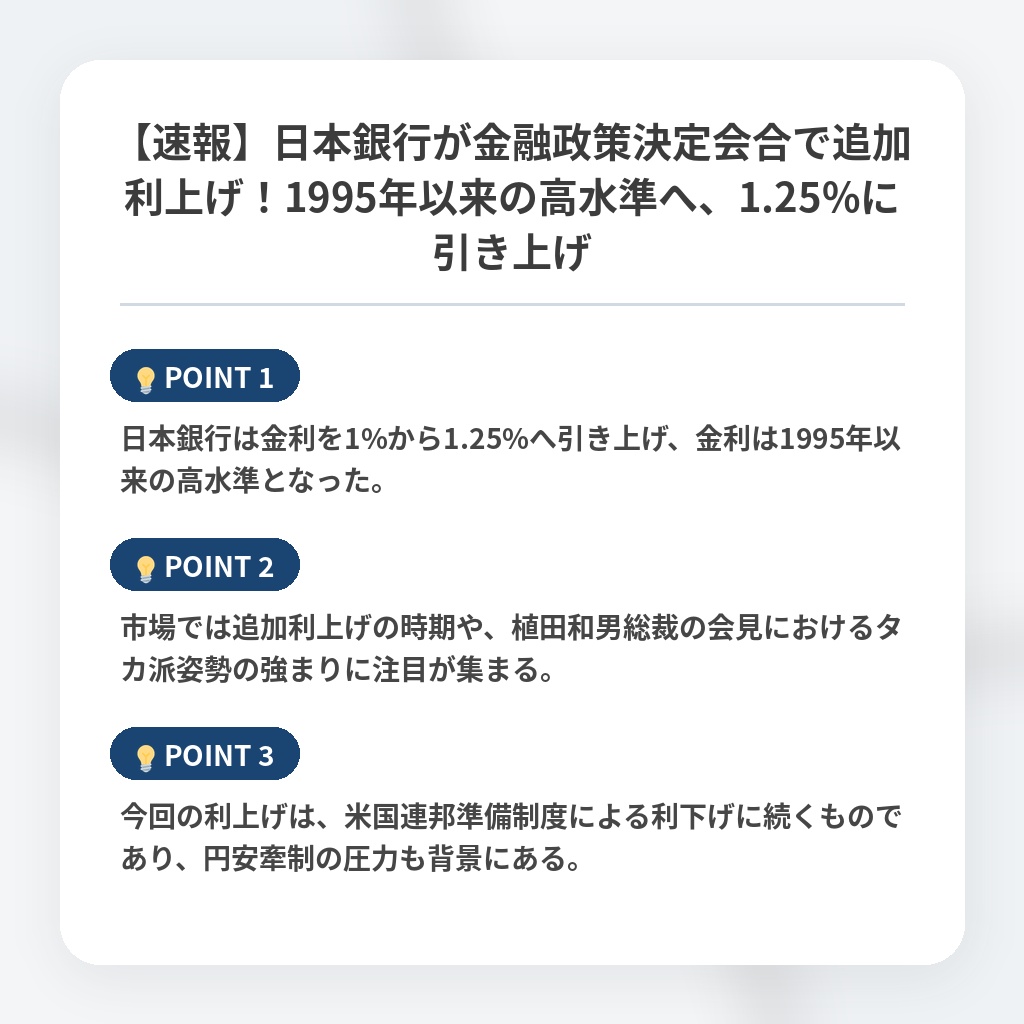 【速報】日本銀行が金融政策決定会合で追加利上げ！1995年以来の高水準へ、1.25%に引き上げの注目ポイントまとめ