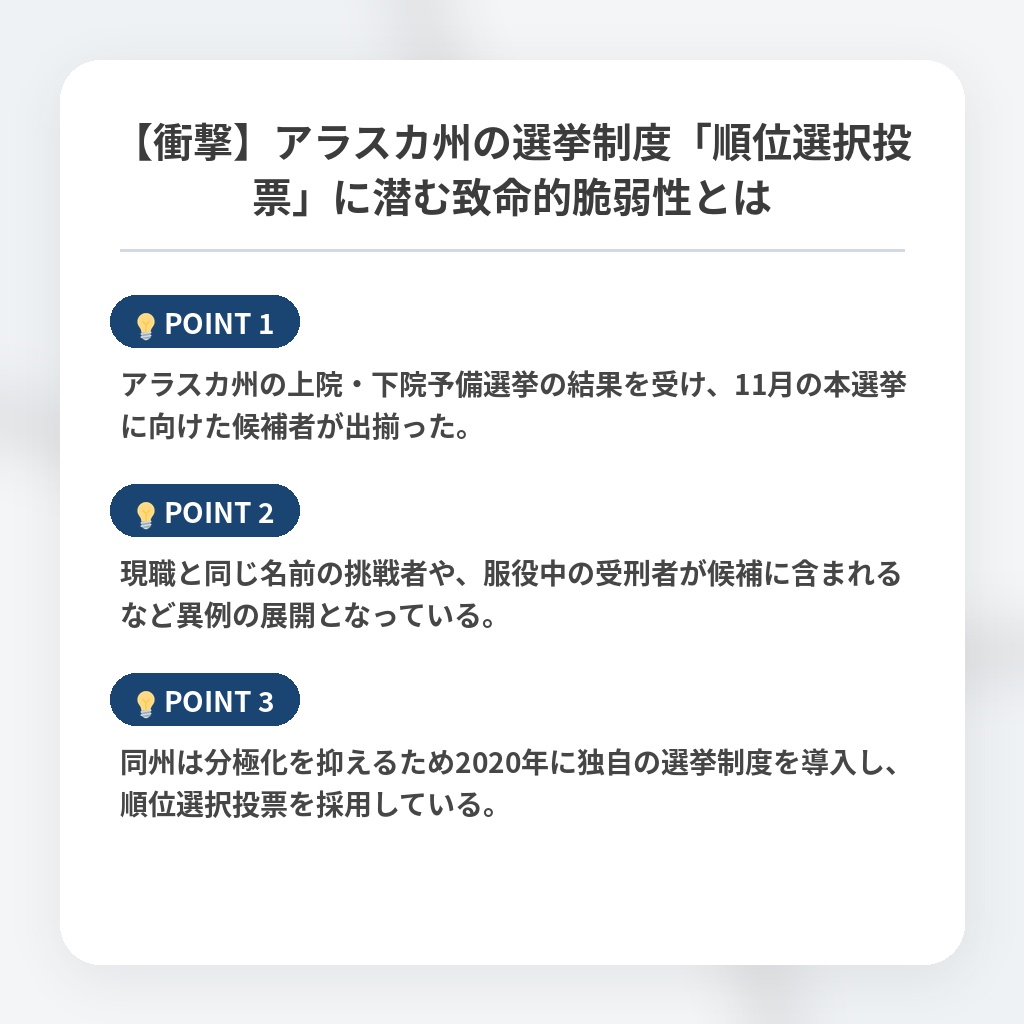 【衝撃】アラスカ州の選挙制度「順位選択投票」に潜む致命的脆弱性とはの注目ポイントまとめ