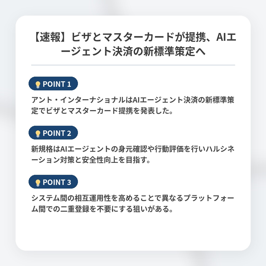【速報】ビザとマスターカードが提携、AIエージェント決済の新標準策定への注目ポイントまとめ
