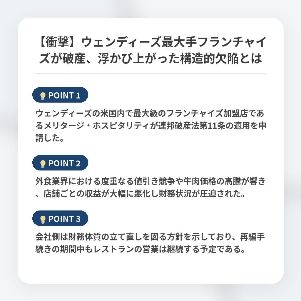 【衝撃】ウェンディーズ最大手フランチャイズが破産、浮かび上がった構造的欠陥とはの注目ポイントまとめ