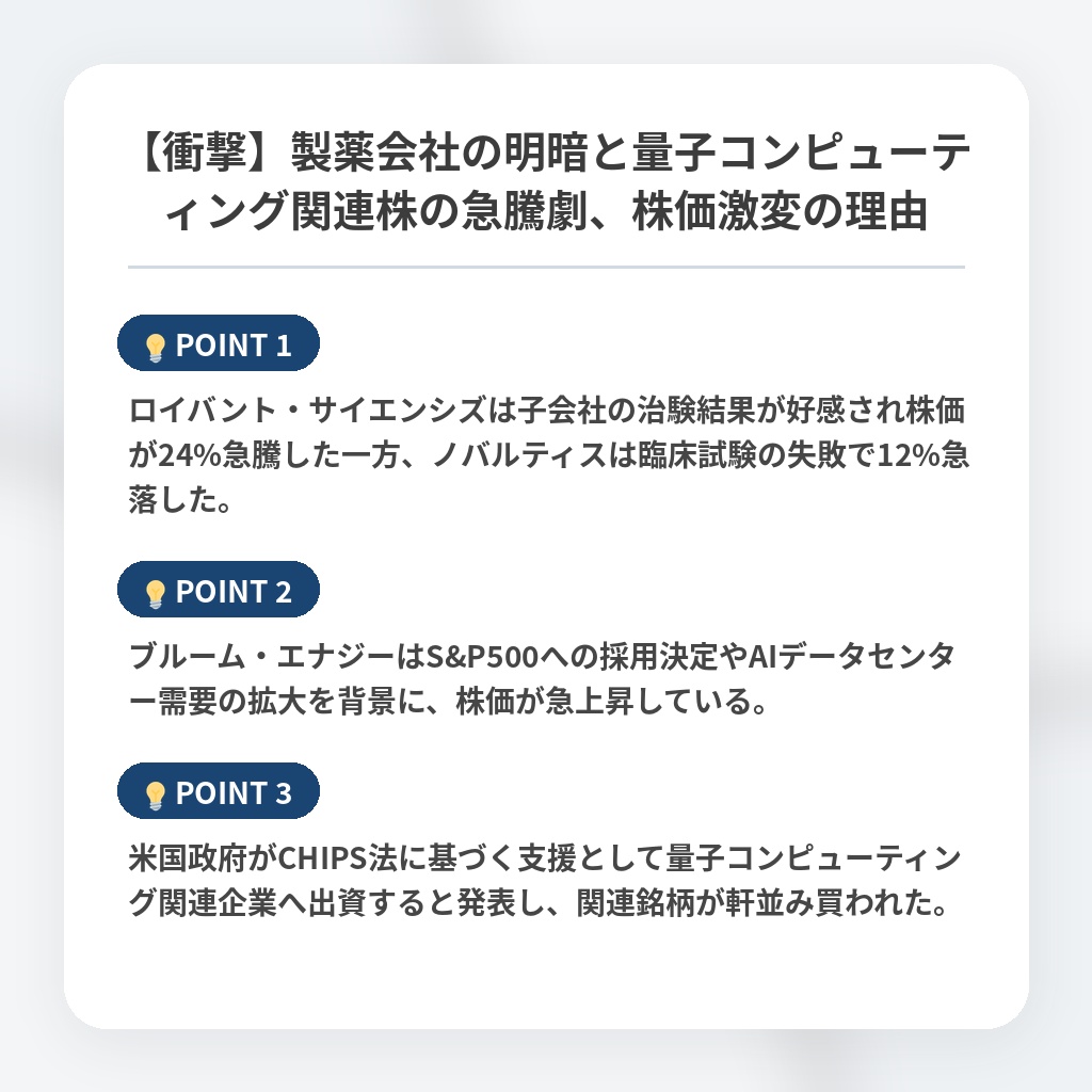 【衝撃】製薬会社の明暗と量子コンピューティング関連株の急騰劇、株価激変の理由の注目ポイントまとめ