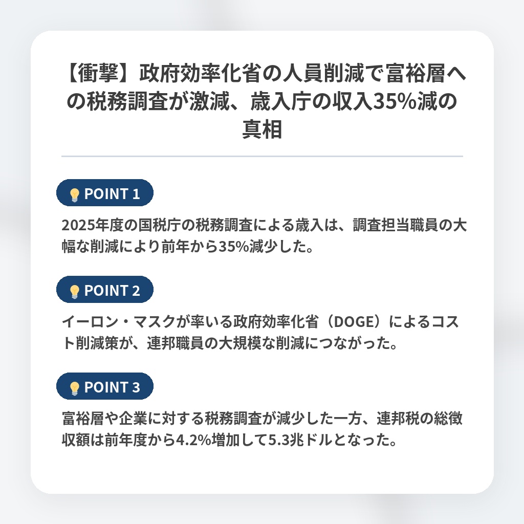 【衝撃】政府効率化省の人員削減で富裕層への税務調査が激減、歳入庁の収入35%減の真相の注目ポイントまとめ