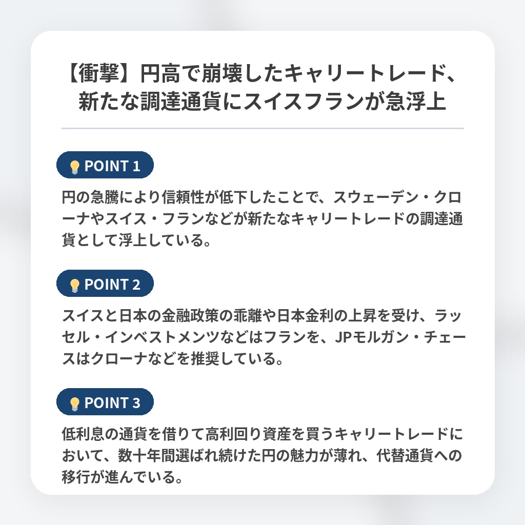 【衝撃】円高で崩壊したキャリートレード、新たな調達通貨にスイスフランが急浮上の注目ポイントまとめ