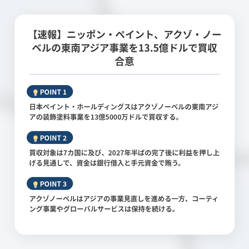 【速報】ニッポン・ペイント、アクゾ・ノーベルの東南アジア事業を13.5億ドルで買収合意の注目ポイントまとめ