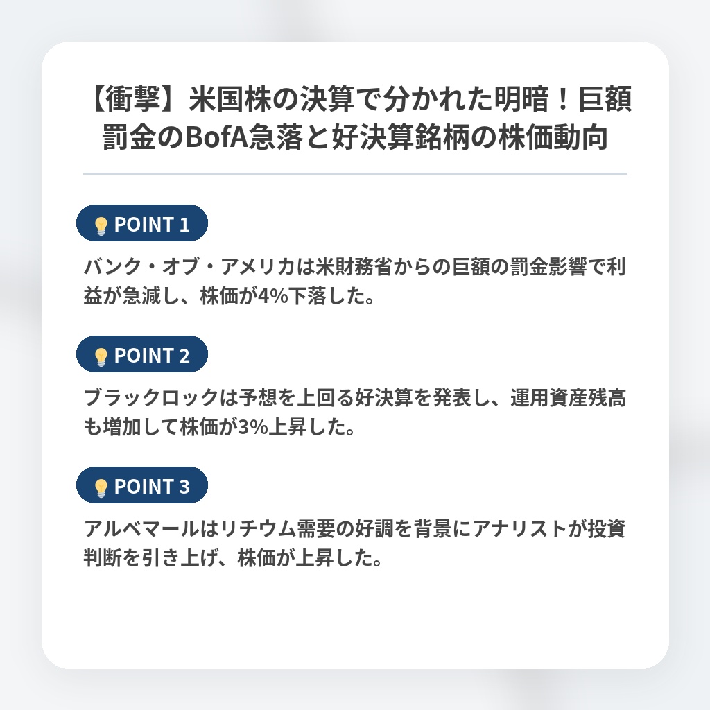 【衝撃】米国株の決算で分かれた明暗！巨額罰金のBofA急落と好決算銘柄の株価動向の注目ポイントまとめ