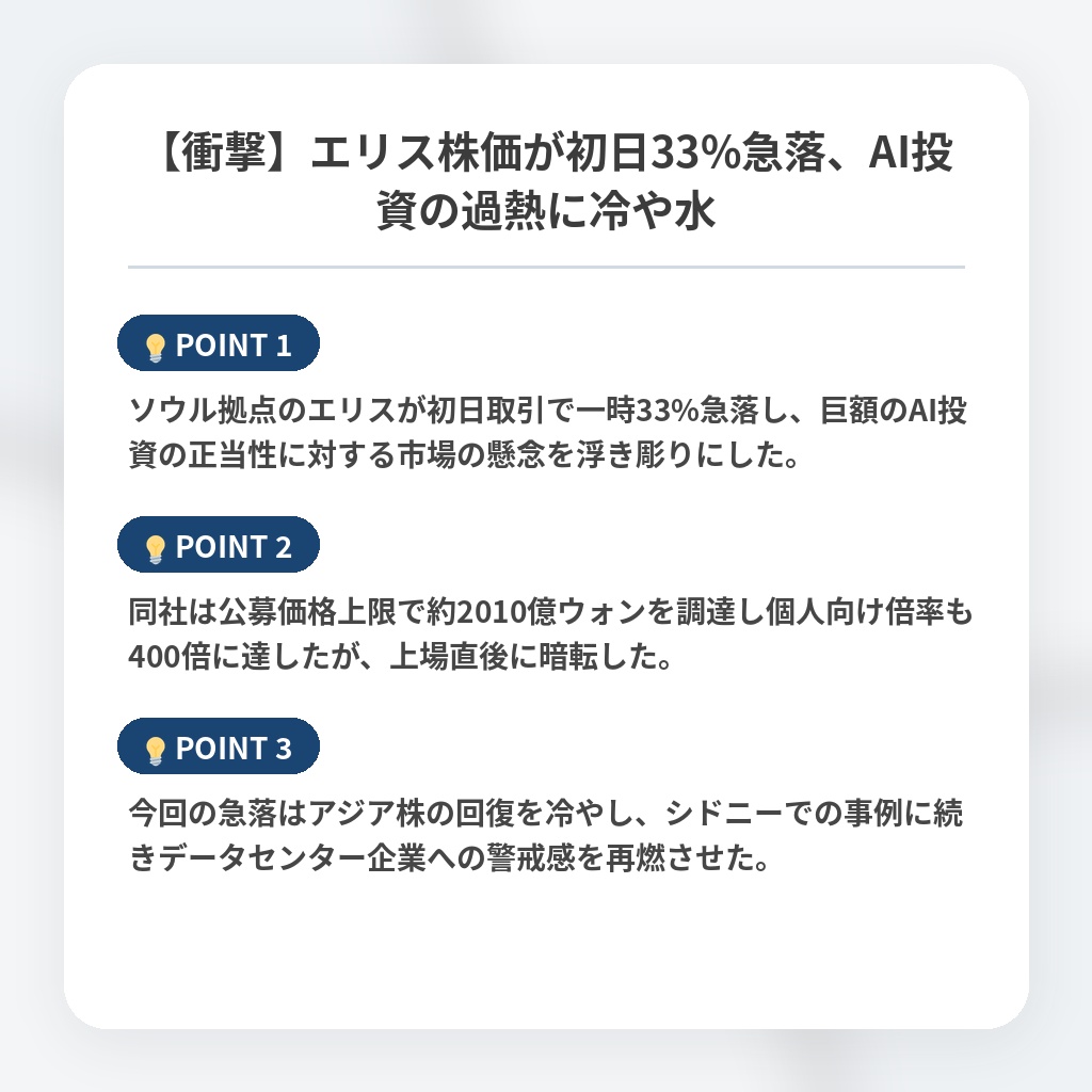 【衝撃】エリス株価が初日33%急落、AI投資の過熱に冷や水の注目ポイントまとめ