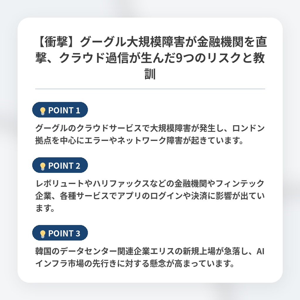 【衝撃】グーグル大規模障害が金融機関を直撃、クラウド過信が生んだ9つのリスクと教訓の注目ポイントまとめ
