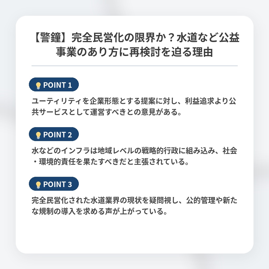 【警鐘】完全民営化の限界か？水道など公益事業のあり方に再検討を迫る理由の注目ポイントまとめ