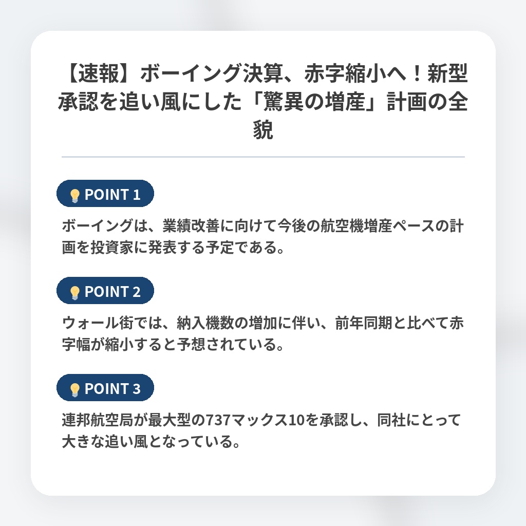 【速報】ボーイング決算、赤字縮小へ!新型承認を追い風にした「驚異の増産」計画の全貌の注目ポイントまとめ