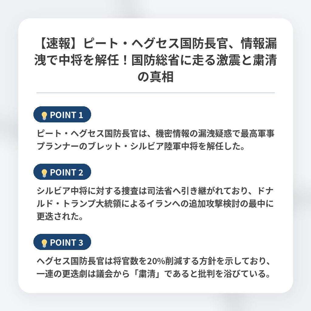 【速報】ピート・ヘグセス国防長官、情報漏洩で中将を解任！国防総省に走る激震と粛清の真相の注目ポイントまとめ