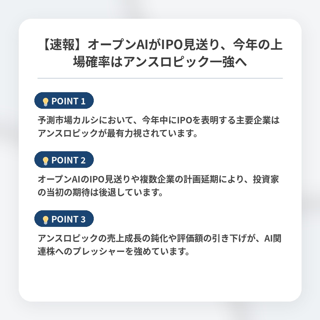 【速報】オープンAIがIPO見送り、今年の上場確率はアンスロピック一強への注目ポイントまとめ